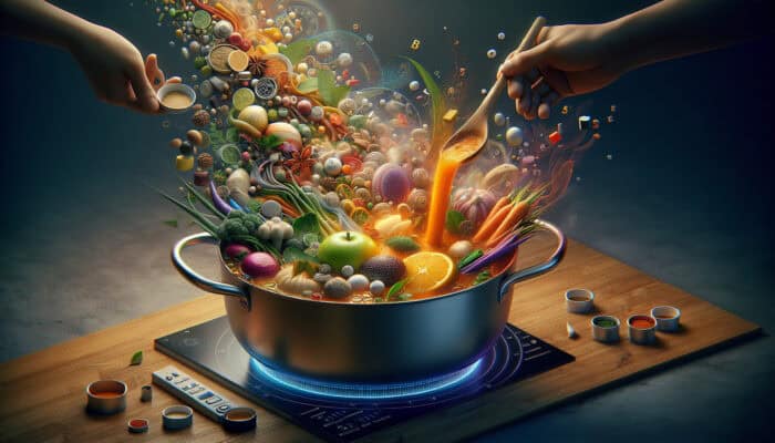 A steaming pot of laksa broth simmers with vibrant spices, fresh herbs, and vegetables, creating colorful layers of flavor.