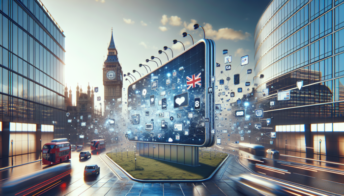 UK digital advertising ecosystem: smartphones, billboards, and social media icons connected by data streams, with Big Ben and Union Jack in an urban setting.