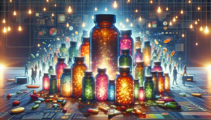 A vibrant marketplace scene with innovative supplement bottles glowing among generic ones, engaging curious customers and symbolising brand differentiation.