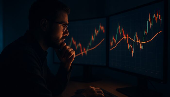 Focused crypto trader analysing volatile Bitcoin charts on multiple screens with glowing VWAP line.