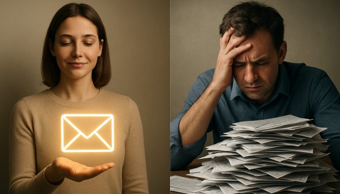 Split illustration: Serene person managing one glowing payment vs. stressed individual overwhelmed by bills.