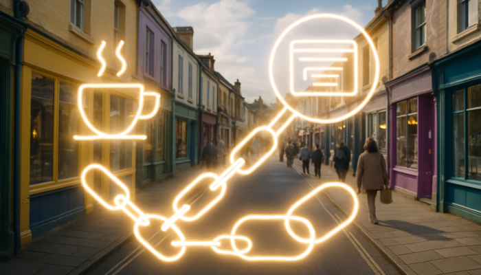Bustling Lydney street with colourful shops, glowing "best coffee" keywords, luminous backlink chains, and a magnifying glass on optimised sites.