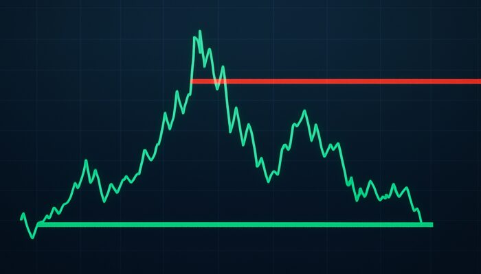 Bitcoin chart illustrating green support line and red resistance in cryptocurrency trading.