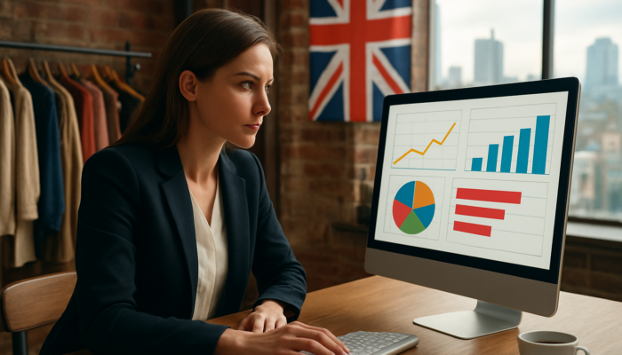 Determined entrepreneur in a Manchester boutique analysing surging Google Analytics graphs with a Union Jack background.