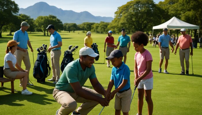 Diverse players at South African golf club: coaching sessions, equipment rental, and community events on lush fairways.