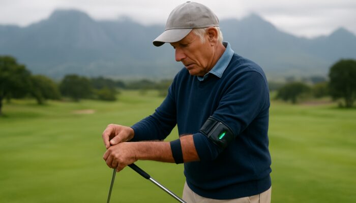 Elderly golfer analyses swing with device on Western Cape course, misty mountains in background.