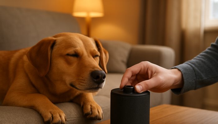 Dog calmly listening to sounds of fireworks as owner adjusts speaker in a cozy living room.