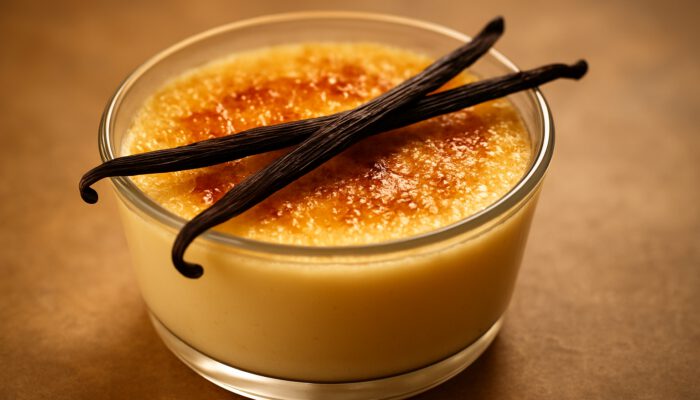 Smooth vanilla bean custard in a glass bowl, topped with fresh vanilla pods and golden caramelised surface.
