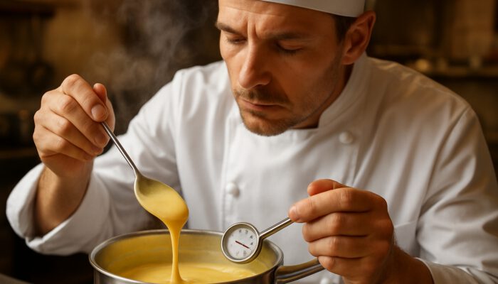 Chef stirring golden custard in saucepan, checking 82°C thermometer as steam rises.