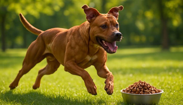 Muscular dog sprinting in sunny park with a high-protein kibble bowl close by.
