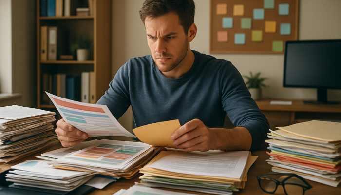 Determined person sorting colourful bills and documents in cluttered home office for debt management.