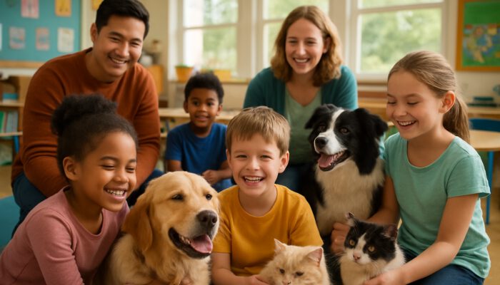 Children and teachers petting therapy dogs and cats in a joyful classroom for emotional support.