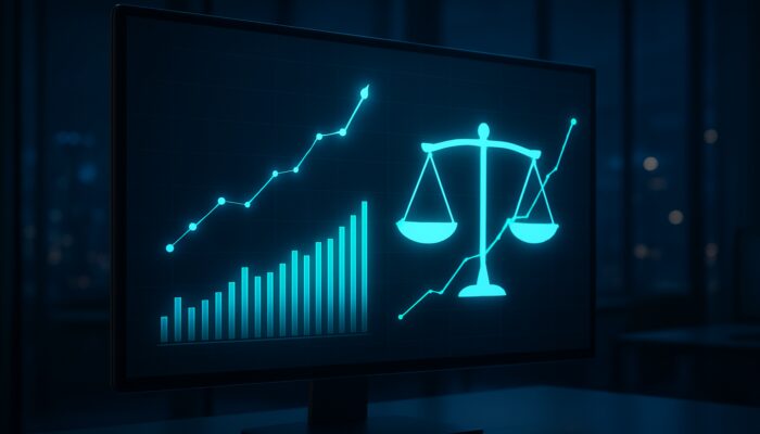 Sophisticated financial dashboard displaying Calmar Ratio, rising stocks, and risk-return equilibrium in a contemporary workspace.