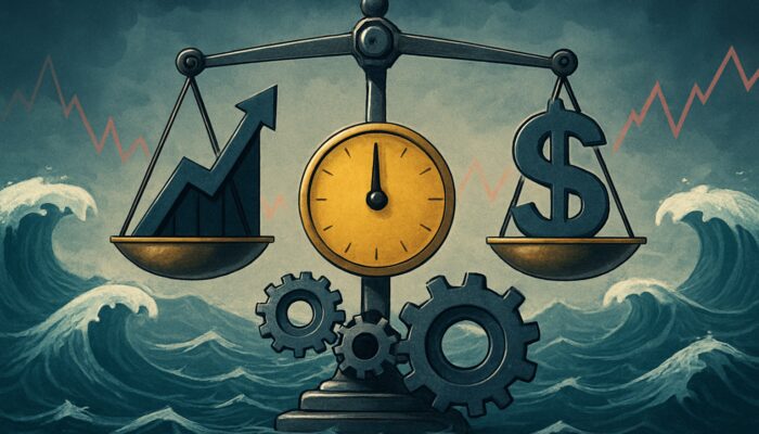 Financial scale balancing Calmar Ratio amidst stock market fluctuations and gears adjusting for volatility and risk.