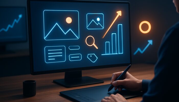 Professional optimising images with alt text, SEO tags, and icons, surrounded by vibrant Google search graphs and rising arrows.
