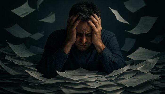 Reflecting on the Reasons Behind Your Debt Consolidation: Practical UK Guidance | DCL Overwhelmed person buried under unpaid bills clutching head in financial despair