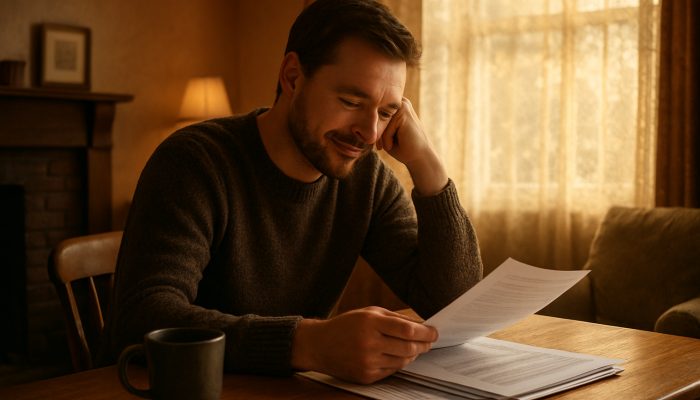 Reflecting on the Reasons Behind Your Debt Consolidation: Practical UK Guidance | DCL Person reviewing merged debt papers in cozy British living room, showing quiet relief and clarity.
