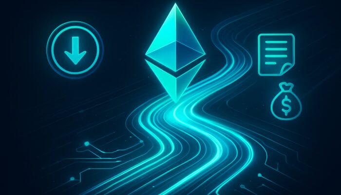 Futuristic visualisation of declining Ethereum gas fees through optimised glowing blockchain pathways.