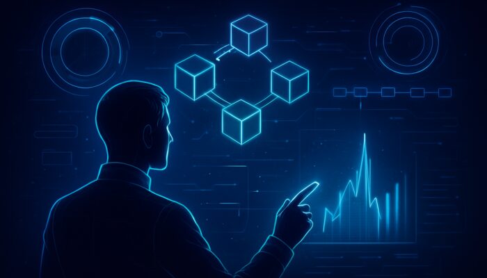 High-tech analyst examines holographic blockchain charts for gas fee spikes amid neon cyber landscapes.