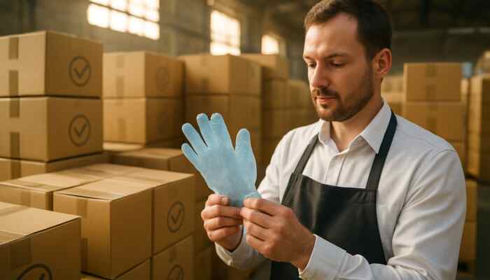 Catering manager examining certified bulk polythene gloves in a sunlit warehouse with compliance boxes