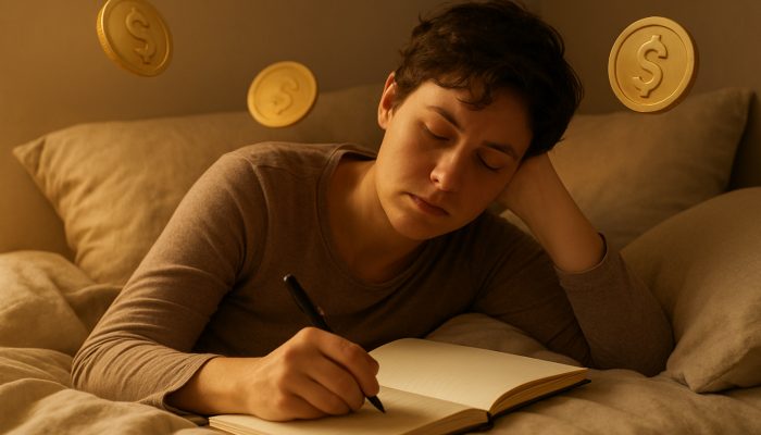 Tired individual resting in bed while drafting a gentle debt repayment plan in a journal with warm golden light