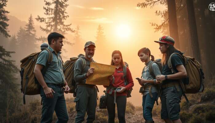 A diverse group of first-time explorers at the edge of a misty forest, examining a map and compass, equipped with backpacks and safety gear as golden dawn breaks.