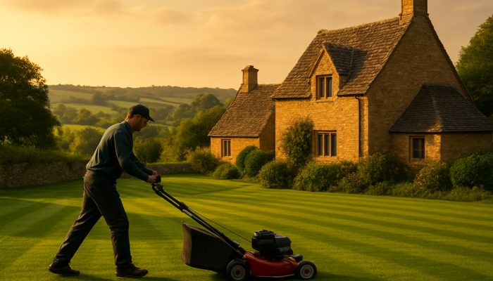 Gardener mowing immaculate lawns beside stone cottages in the Haselbury Plucknett countryside