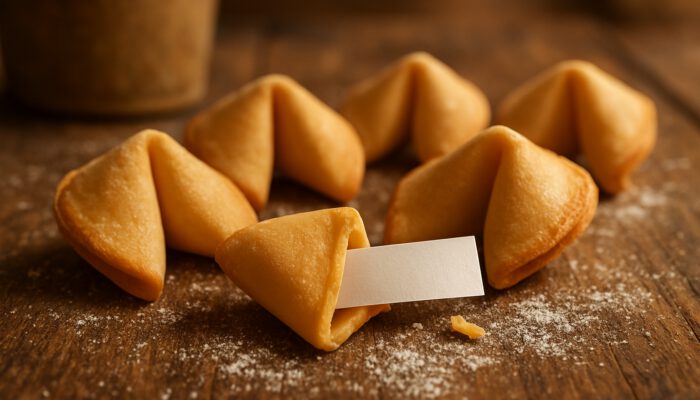 Homemade fortune cookies with custom messages on a rustic wooden table