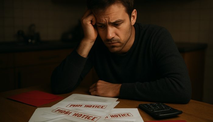 Concerned individual at a dimly lit table surrounded by overdue gas, electricity and water bills marked as final notice
