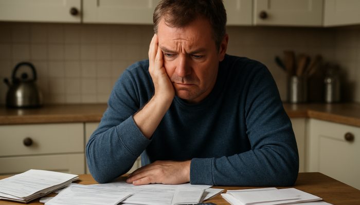 Anxious British resident at a cluttered table with council tax bills and support correspondence