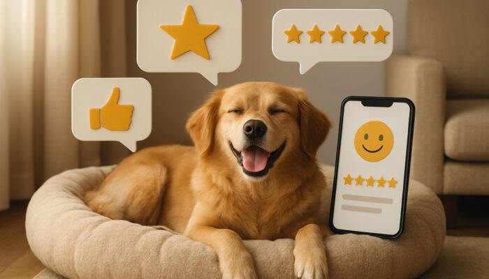 Happy dog lounging on plush pet bed amid floating reviews, star ratings, and smartphone feedback.