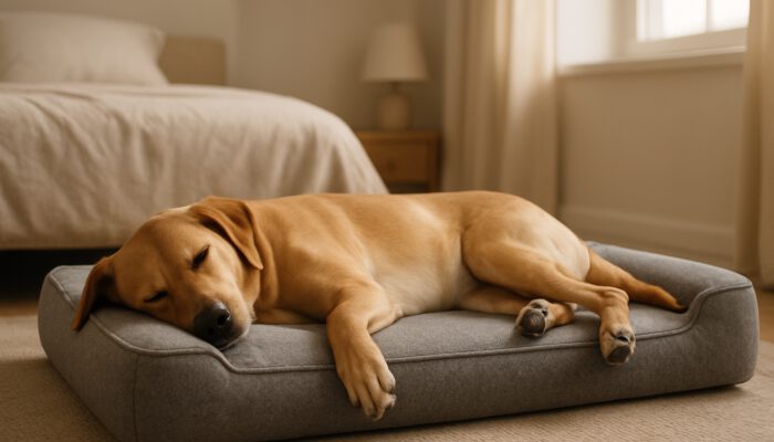 Serene dog resting on a supportive high-density foam pet bed in a snug bedroom.