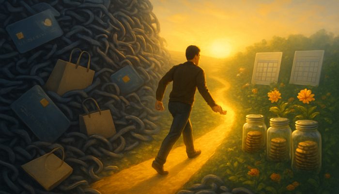 Person forging golden path from credit card chains to savings garden, building spending habits at sunrise.