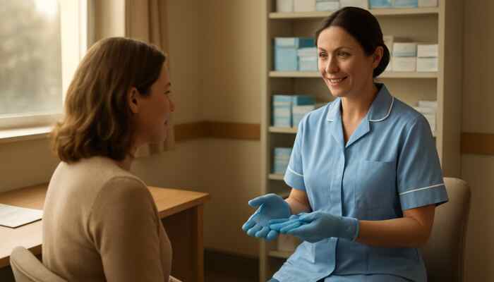 A friendly nurse advising a patient on sterile gloves in a warm British GP clinic with NHS shelves.