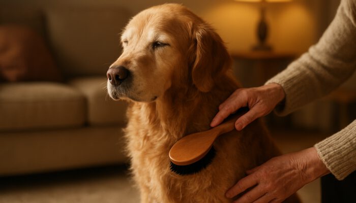 Elderly golden retriever with dry patchy fur gently brushed by owner in a cozy home
