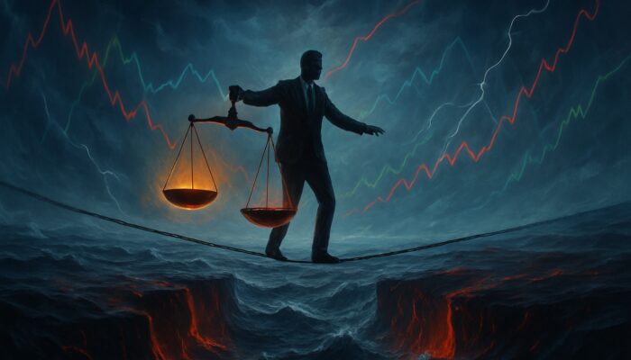 Surreal trader balancing luminous profit scales against crimson drawdown chasms on a turbulent market sea with swirling charts