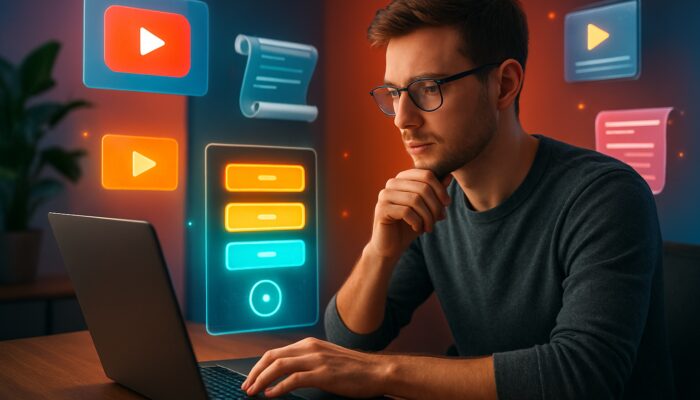 Young creator reviews attractive pricing tiers and YouTube thumbnails on laptop in vibrant studio
