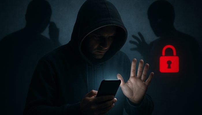 Cautious individual shields glowing smartphone from shadowy callers with "Stay Secure Now" red lock icon.
