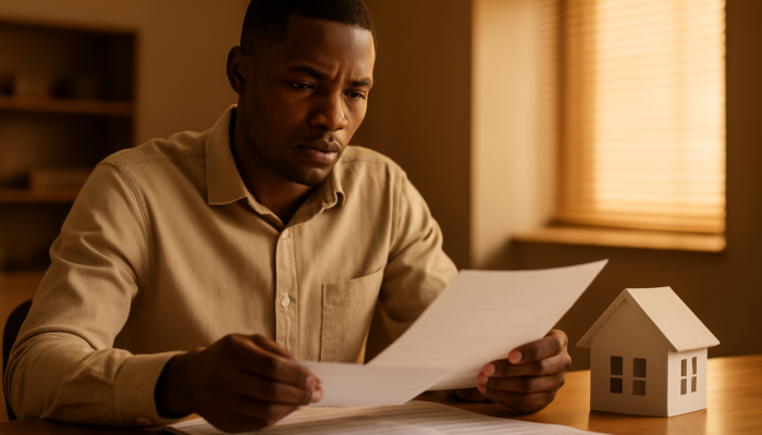 Dedicated South African applicant reviewing payslips and contracts for home loan at the bank.