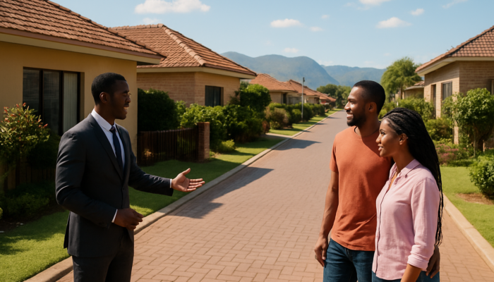 Couple exploring modern homes on a bustling Thohoyandou street with a real estate agent under a sunny sky.