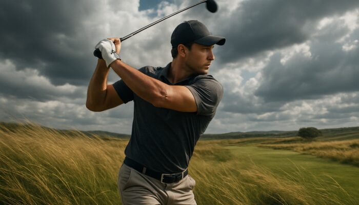 Golfer mid-swing on windy South African highveld fairway, sensor watch showing real-time tempo data