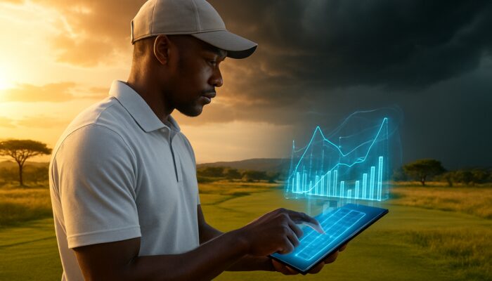 South African golfer reviews swing metrics on tablet amid savanna course with holographic graphs and shifting weather.