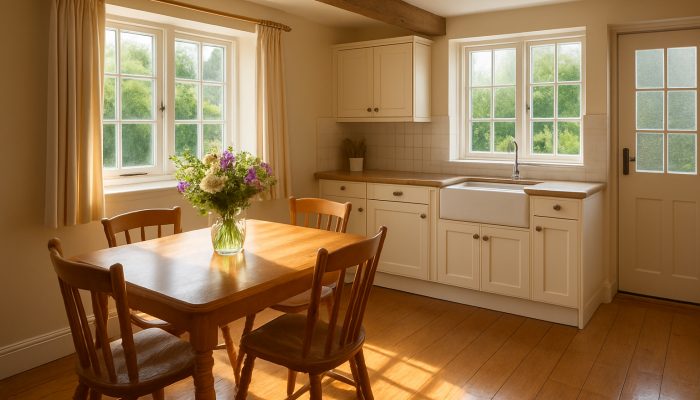 Bright Yeovil cottage kitchen gleaming after professional cleaning with fresh flowers on the table