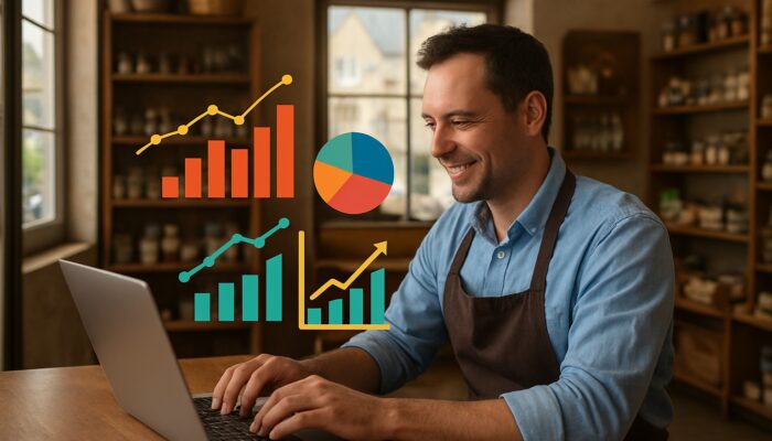 Small business owner in Tidworth reviewing analytics dashboard with engagement graphs within their shop