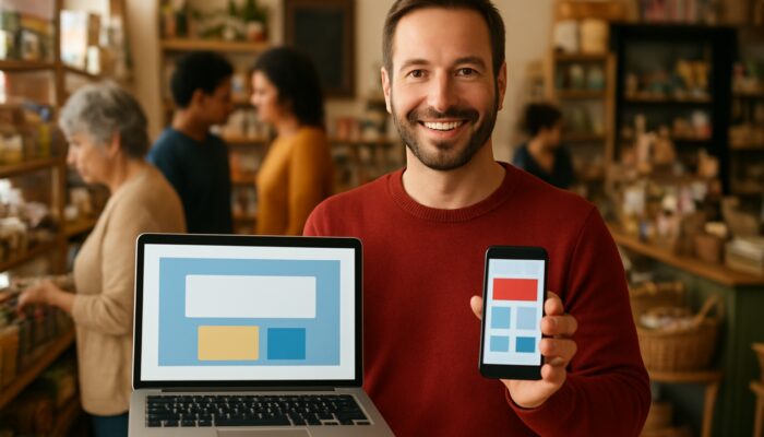 Shop owner in Tidworth displays a mobile-optimized website on a laptop while communicating with customers on a smartphone.