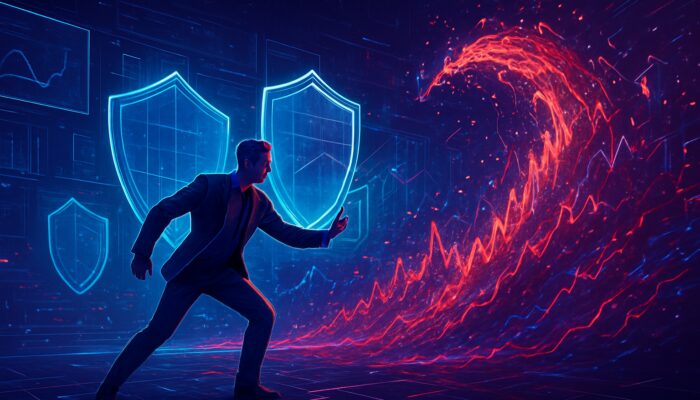 Futuristic trader using holographic shields to navigate volatile market waves with data analytics.