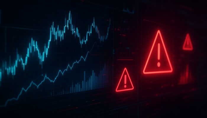 Futuristic trading interface displaying racing stock charts with flashing red risk alerts on dark screens.