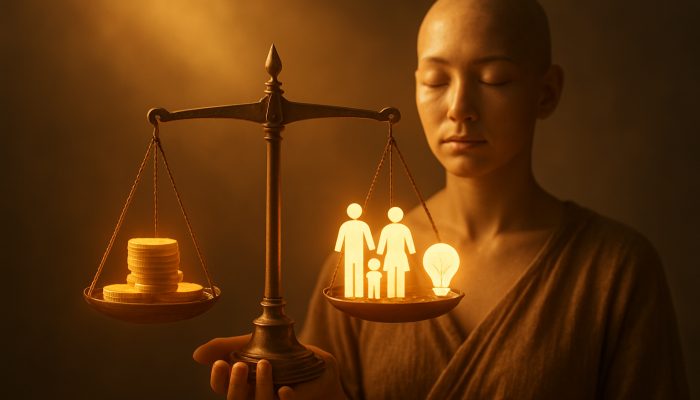 Serene figure balancing glowing coins against family, nature, and creativity icons on a golden scale.