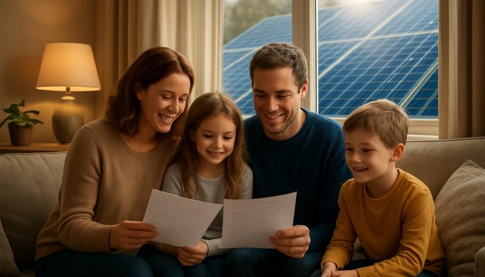 British family reviews renewable energy fund docs in cozy living room with glowing solar panels outside