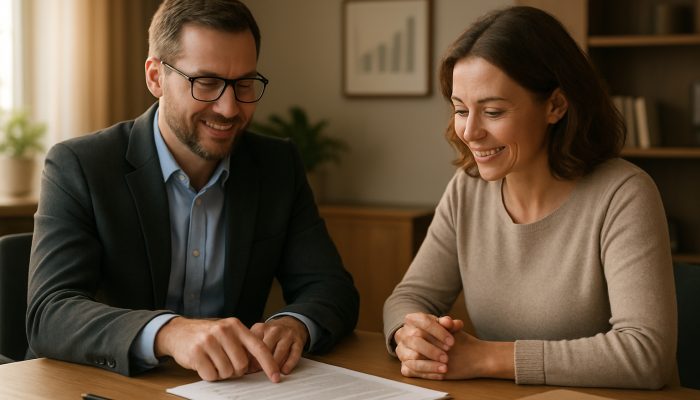 UK debt advisor guiding borrower through consolidation documents in serene office with charts